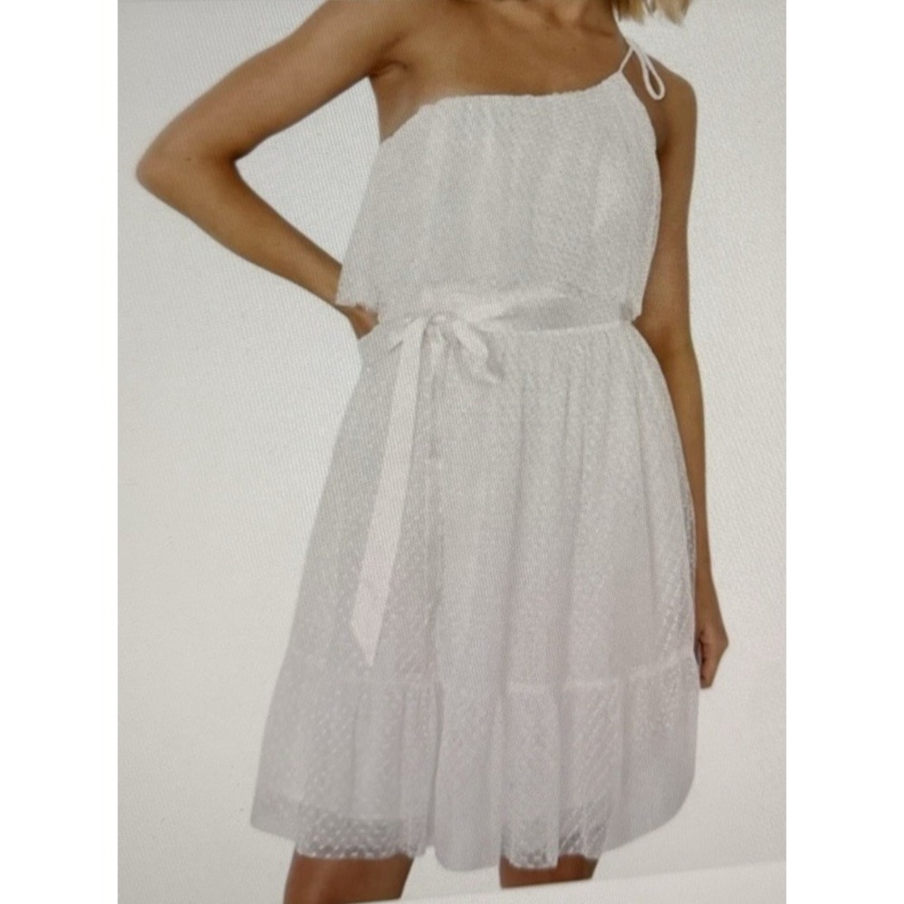 Lulus White Adorable Event Swiss Dot Mesh One Shoulder Mini double lined Dress L